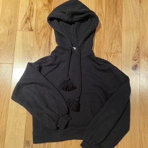 Ulla Johnson Mel Tassel Pullover Cropped Hoodie Black 100% Cotton Pocket S P